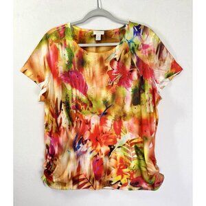 Chicos Hibiscus Flower Top Womens 3/XL Red Pink Tropical Ruched Sides Jewel Gem